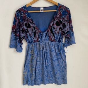 ED HARDY Y2K Vintage V Neck T Shirt Cover Up Tunic Drawstring Beach/Swim Size S